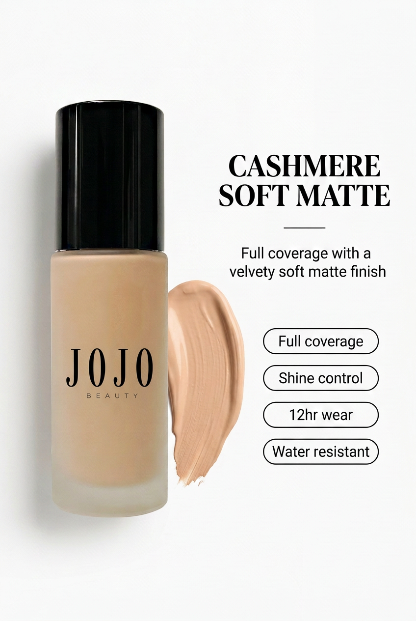 Cashmere Soft Matte: full coverage, shine control, 12hr wear, water resistant