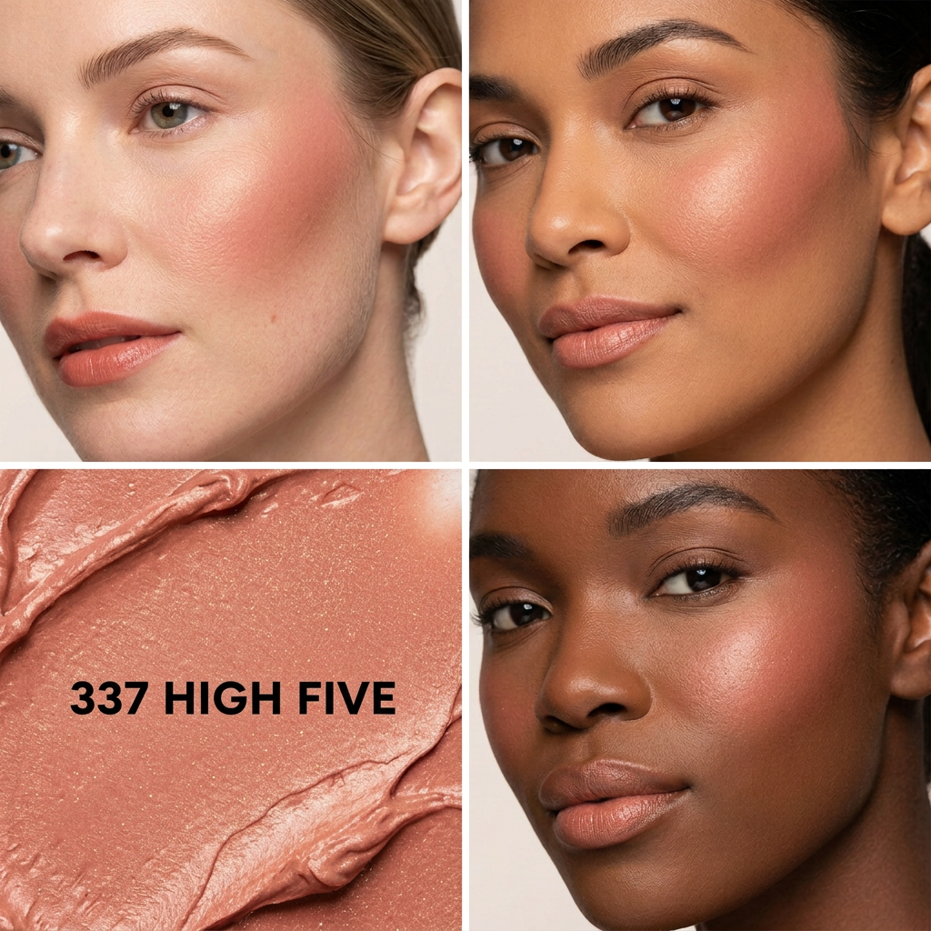 337 High Five blush swatch on three skin tones