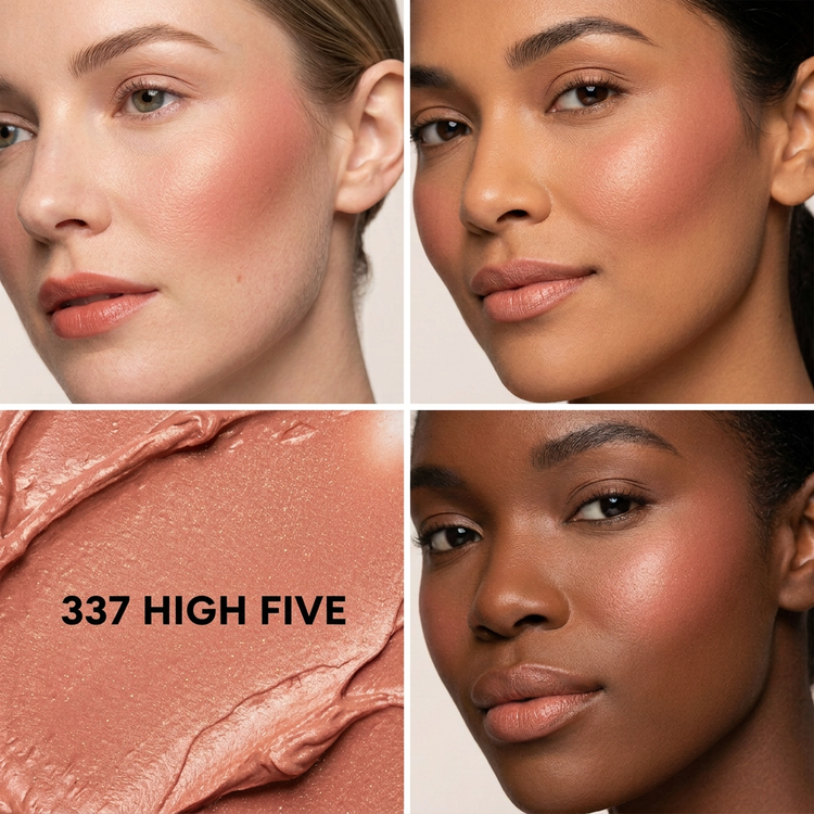 337 High Five blush swatch on three skin tones