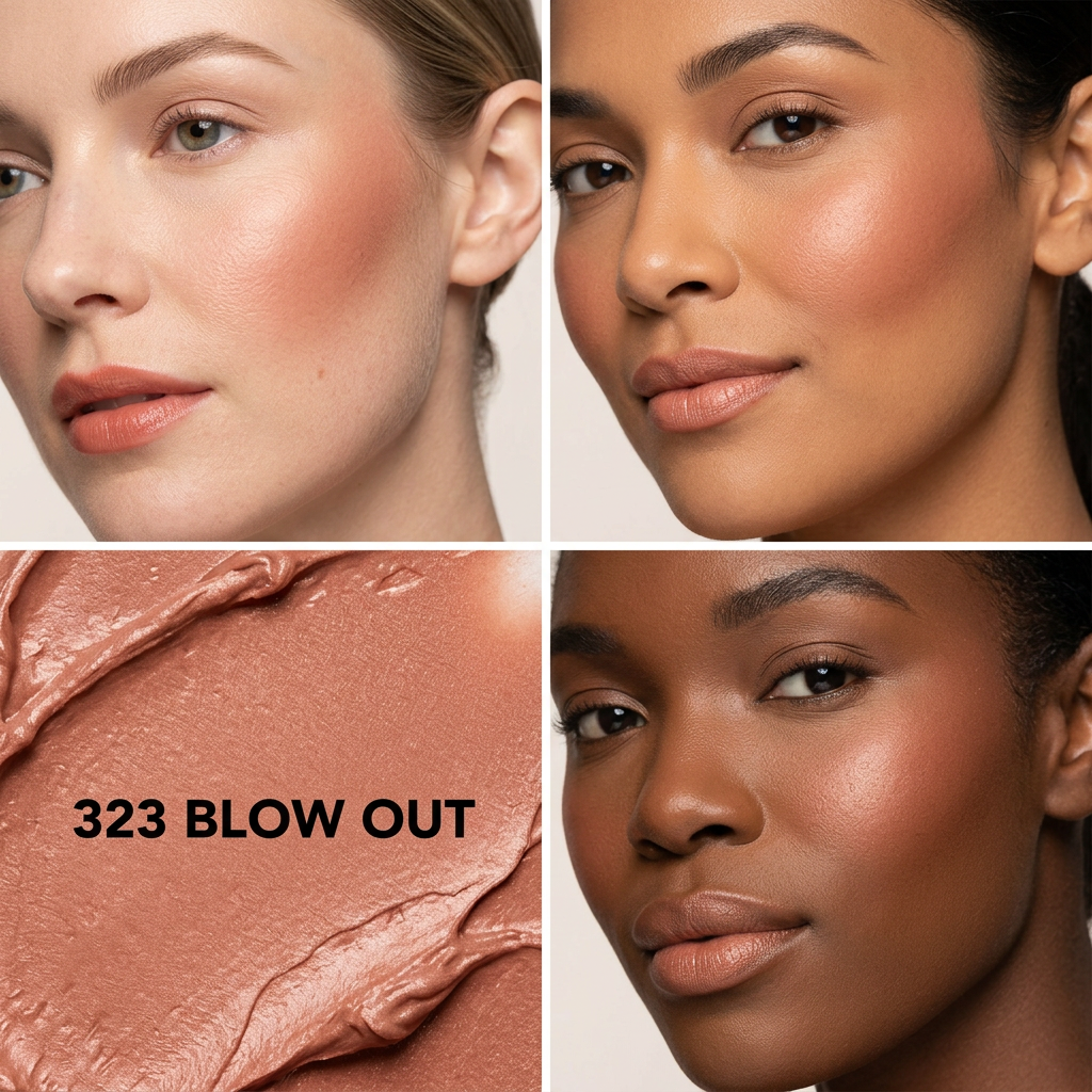 323 Blow out blush swatch on three skin tones