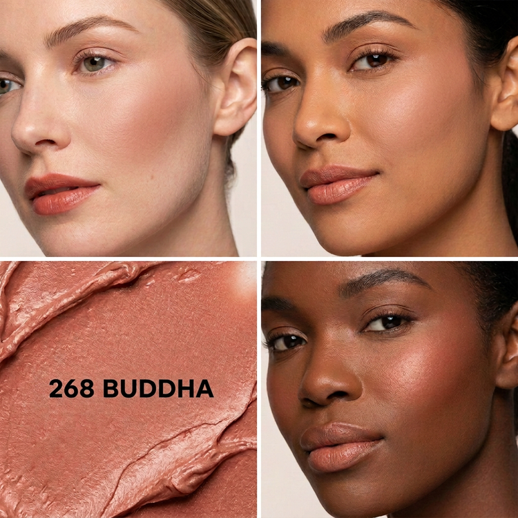 268 Buddha blush swatch on three skin tones