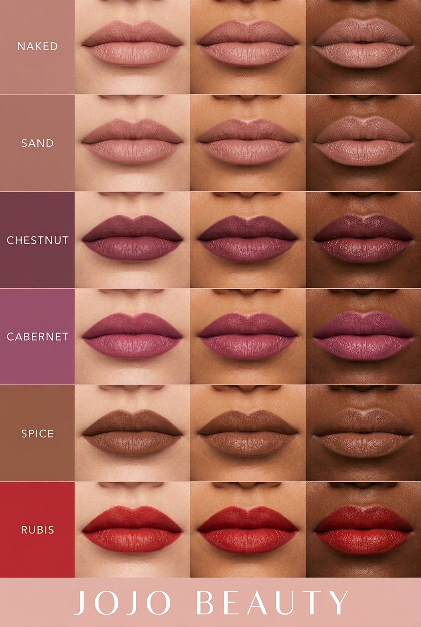 JoJo Beauty lip liner shades shown on light, medium and deep skin tones