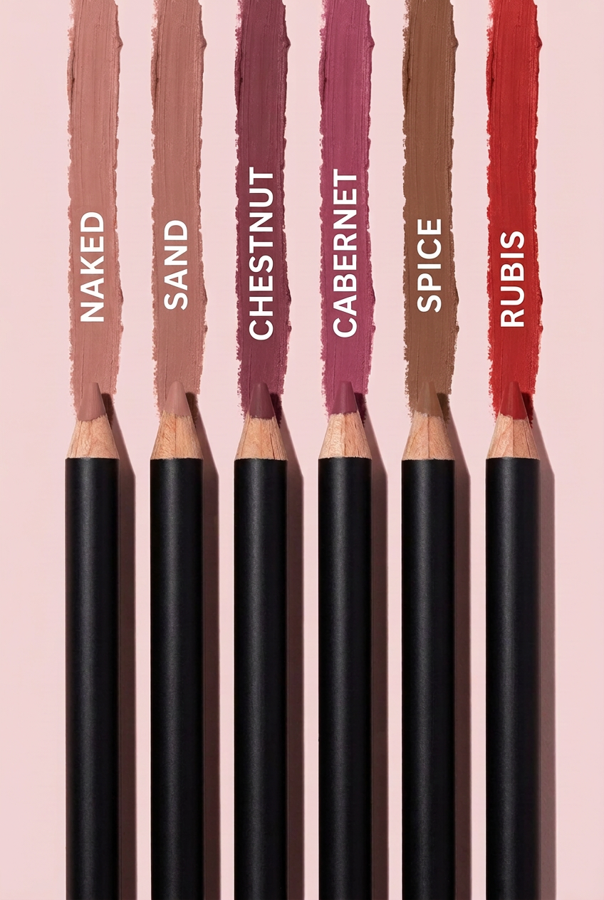 JoJo Beauty lip liners in Naked, Sand, Chestnut, Cabernet, Spice and Rubis with swatches