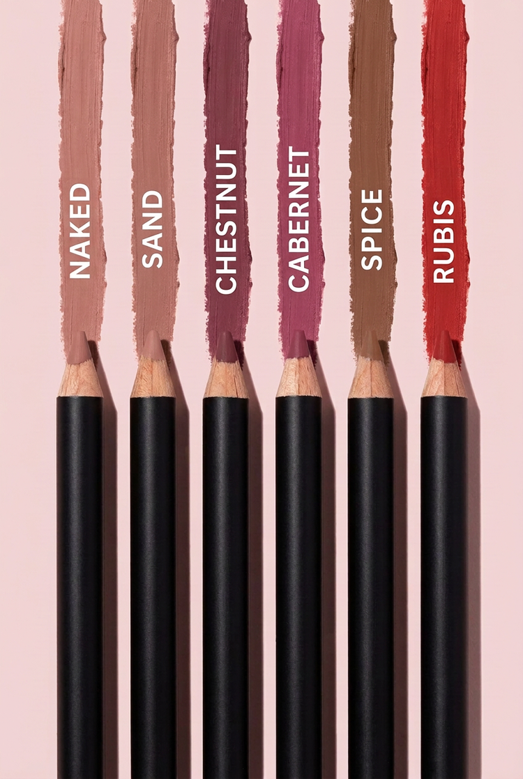 JoJo Beauty lip liners in Naked, Sand, Chestnut, Cabernet, Spice and Rubis with swatches